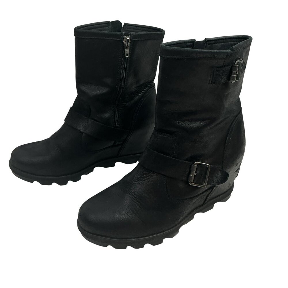 Sorel Joan of Arctic Wedge ll Leather Zip Ankle Boots Womens 9 Black